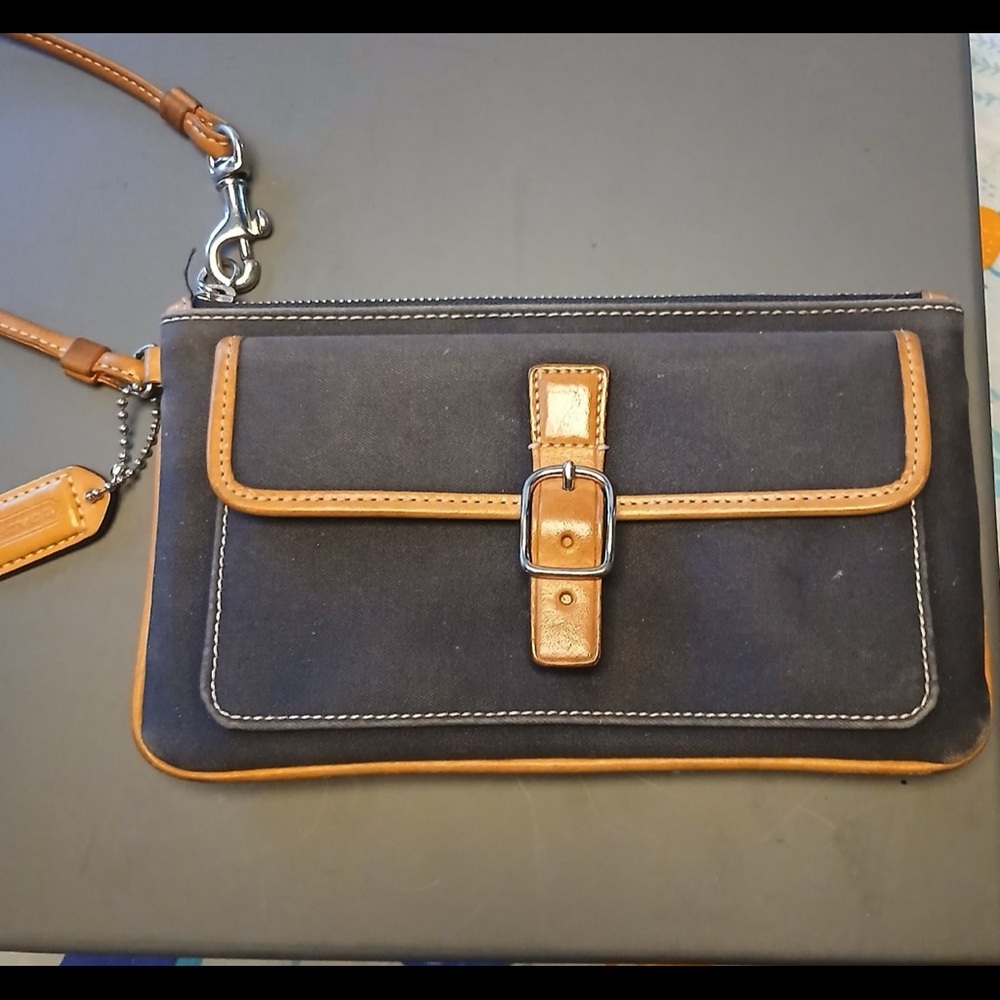 Coach Soho Vintage Wristlet Dark Blue Canvas And Tan Leather